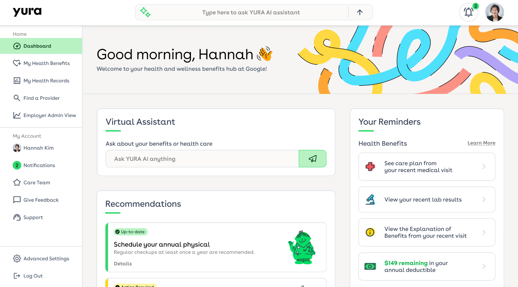 Screenshot of YuraHealth's Dashboard